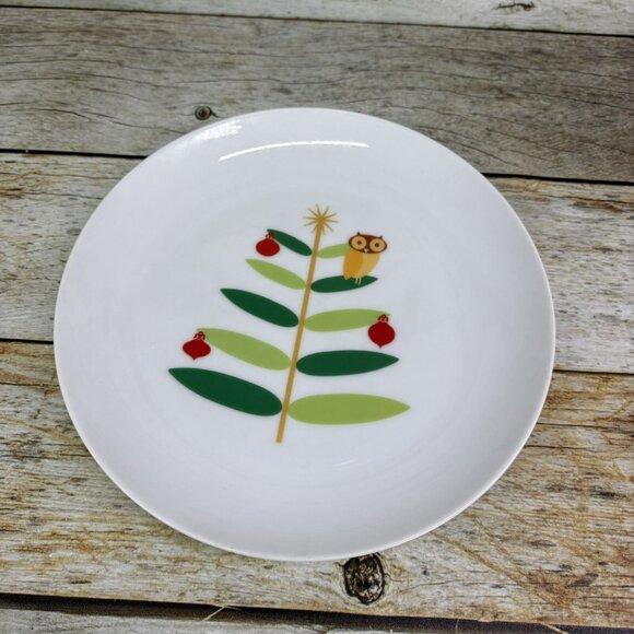 Rachael Ray HOLIDAY HOOT Christmas Tree Owl Stars Porcelain Salad Plates Set 4 - Picture 2 of 16